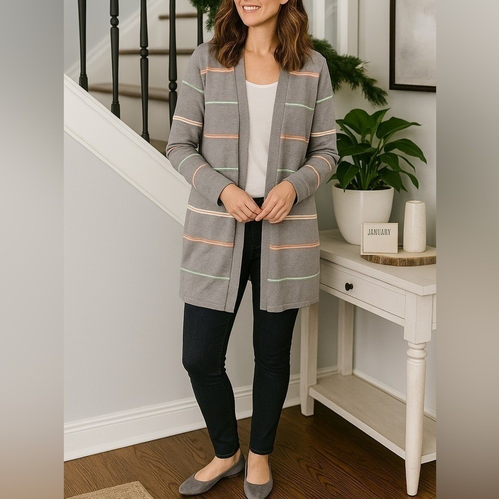Christopher & Banks Gray/Salmon Open Front Striped Long Ottoman Cardigan Sweater